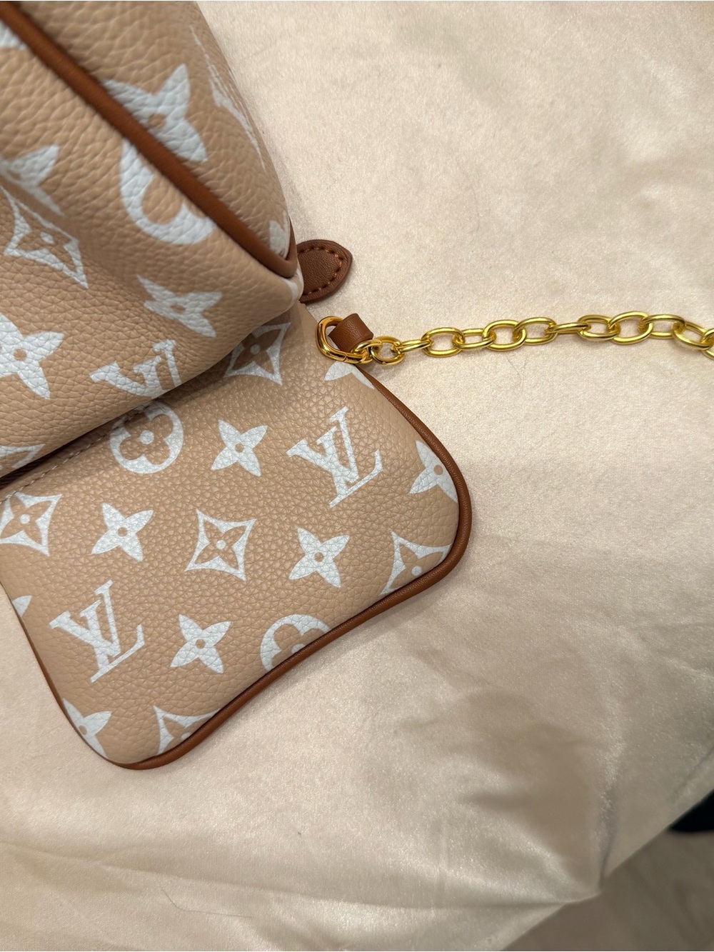 Monogram Beige Crossbody Bag with Gold Chain coin pouch